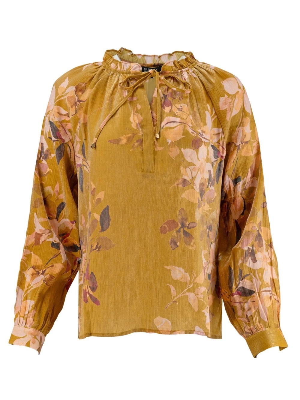 Badgley Mischka Mustard Floral Tie Ruffle Neck Peasant Blouse Size Small